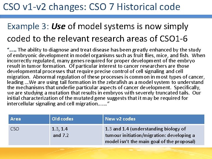 CSO v 1 -v 2 changes: CSO 7 Historical code Example 3: Use of