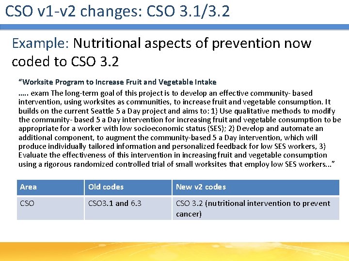 CSO v 1 -v 2 changes: CSO 3. 1/3. 2 Example: Nutritional aspects of