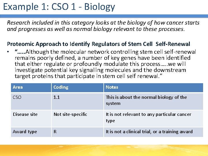 Example 1: CSO 1 - Biology Research included in this category looks at the