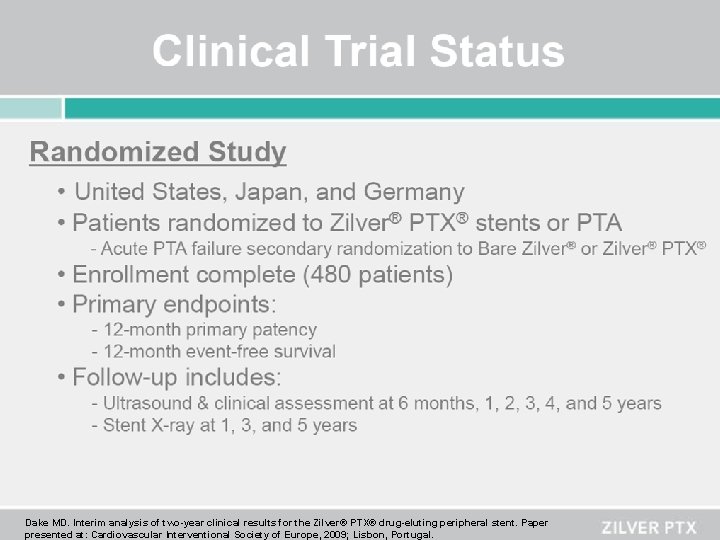 Dake MD. Interim analysis of two-year clinical results for the Zilver® PTX® drug-eluting peripheral Dake MD. Interim analysis of two-year clinical results for the Zilver® PTX® drug-eluting peripheral