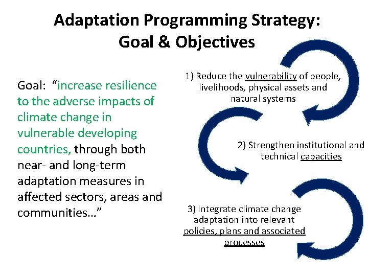 Adaptation Programming Strategy: Goal & Objectives Goal: “increase resilience to the adverse impacts of