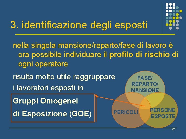 3. identificazione degli esposti nella singola mansione/reparto/fase di lavoro è ora possibile individuare il