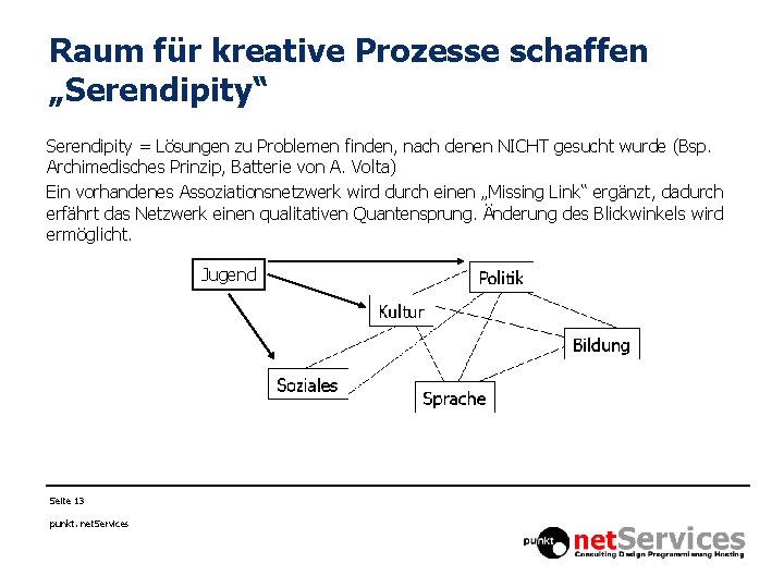 Raum für kreative Prozesse schaffen „Serendipity“ Serendipity = Lösungen zu Problemen finden, nach denen