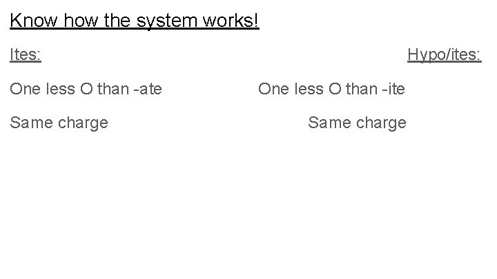 Know how the system works! Ites: One less O than -ate Same charge Hypo/ites: