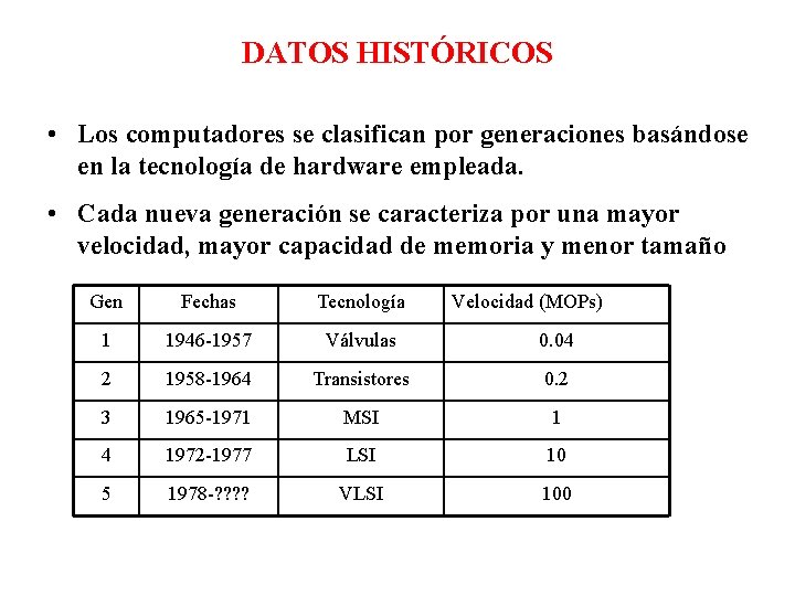 DATOS HISTÓRICOS • Los computadores se clasifican por generaciones basándose en la tecnología de