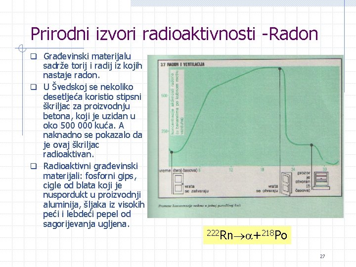Prirodni izvori radioaktivnosti -Radon q Građevinski materijalu sadrže torij i radij iz kojih nastaje