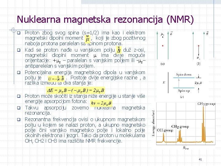 Nuklearna magnetska rezonancija (NMR) Proton zbog svog spina (s=1/2) ima kao i elektrom magnetski