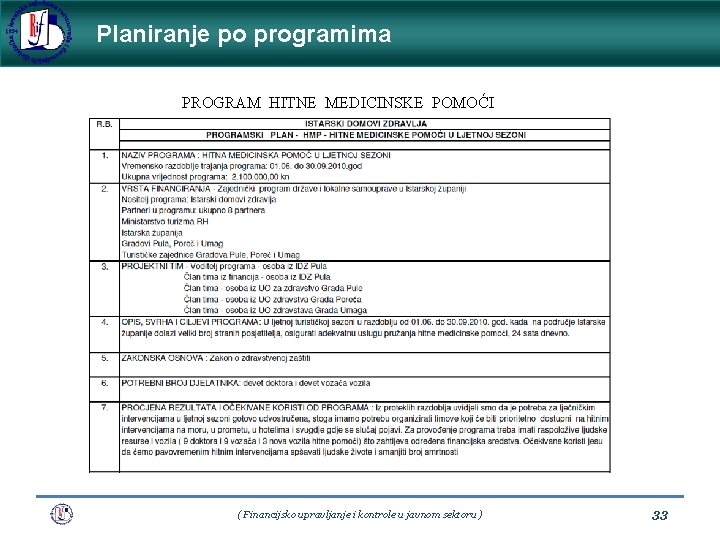 Planiranje po programima PROGRAM HITNE MEDICINSKE POMOĆI ( Financijsko upravljanje i kontrole u javnom