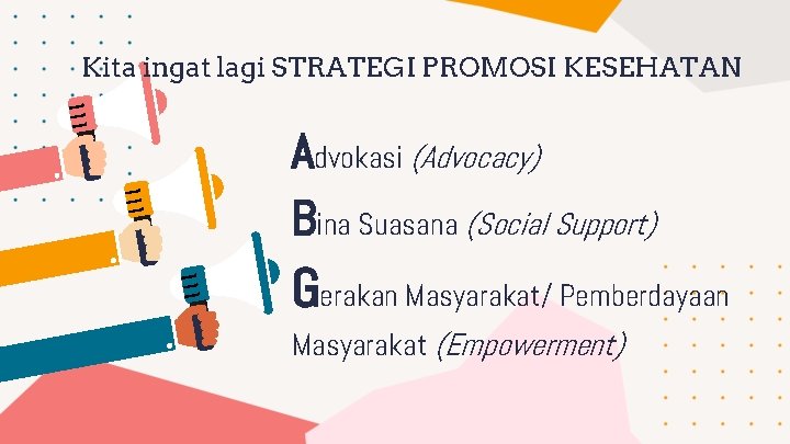 Kita ingat lagi STRATEGI PROMOSI KESEHATAN Advokasi (Advocacy) Bina Suasana (Social Support) Gerakan Masyarakat/