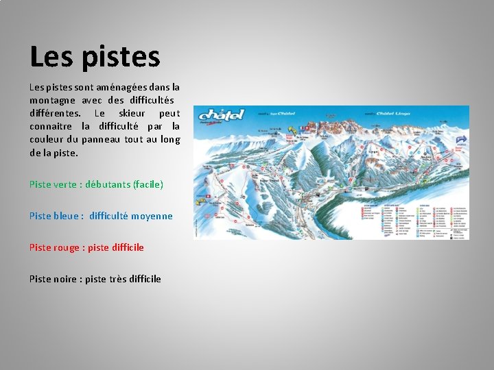 Les pistes sont aménagées dans la montagne avec des difficultés différentes. Le skieur peut