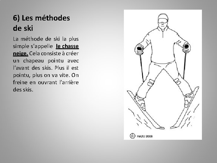 6) Les méthodes de ski La méthode de ski la plus simple s’appelle le