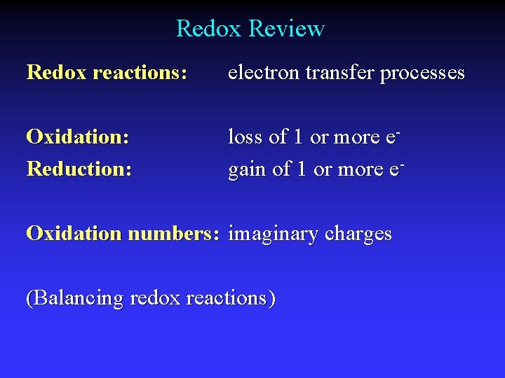 Redox Review Redox reactions: electron transfer processes Oxidation: Reduction: loss of 1 or more