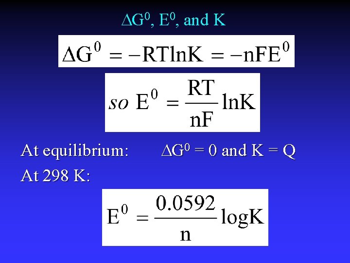 DG 0, E 0, and K At equilibrium: At 298 K: DG 0 =