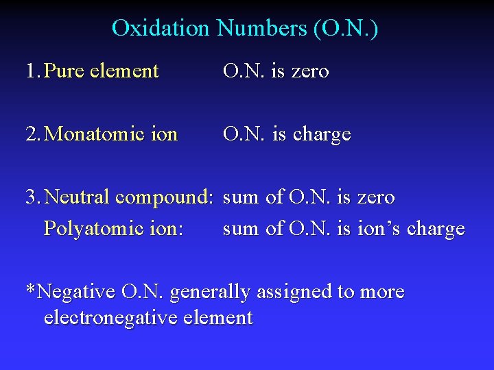 Oxidation Numbers (O. N. ) 1. Pure element O. N. is zero 2. Monatomic