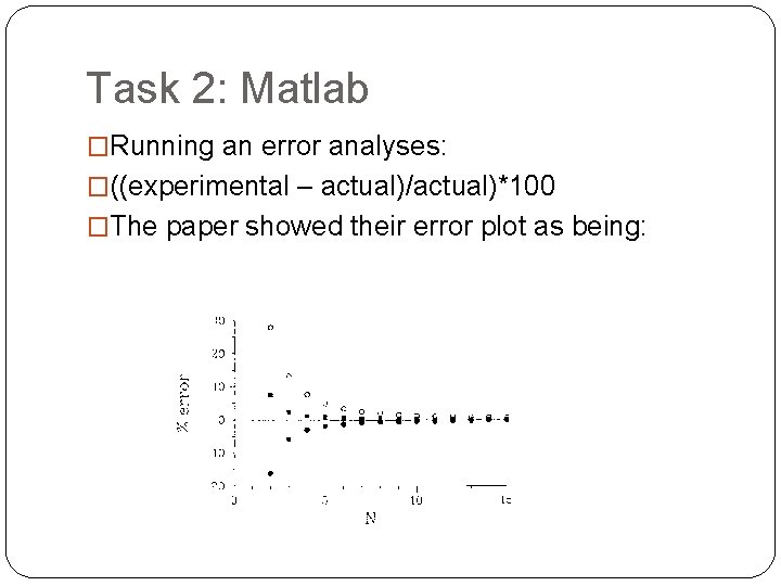 Task 2: Matlab �Running an error analyses: �((experimental – actual)/actual)*100 �The paper showed their