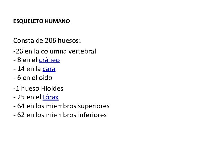 ESQUELETO HUMANO Consta de 206 huesos: -26 en la columna vertebral - 8 en