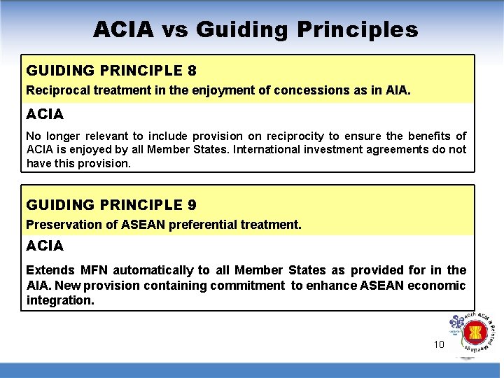 ACIA vs Guiding Principles GUIDING PRINCIPLE 8 Reciprocal treatment in the enjoyment of concessions