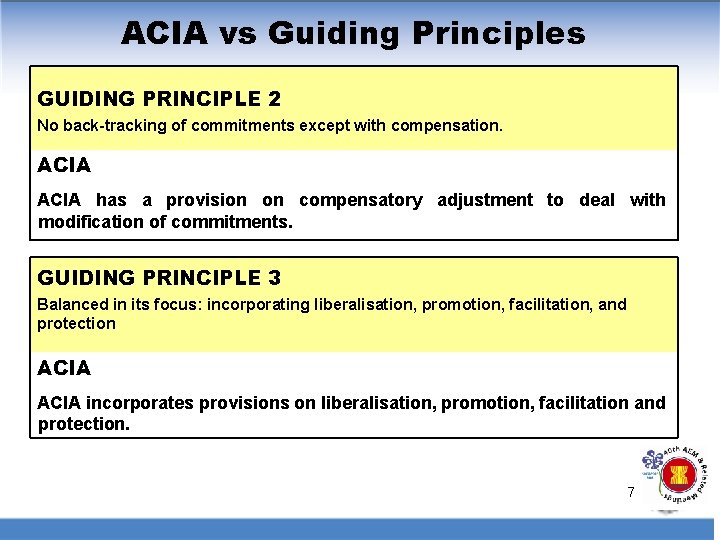 ACIA vs Guiding Principles GUIDING PRINCIPLE 2 No back-tracking of commitments except with compensation.