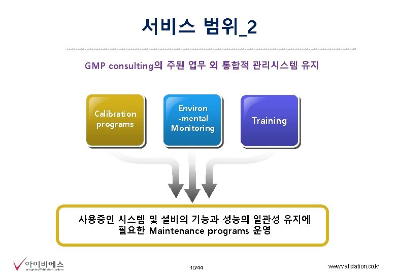 서비스 범위_2 GMP consulting의 주된 업무 외 통합적 관리시스템 유지 Calibration programs Environ -mental