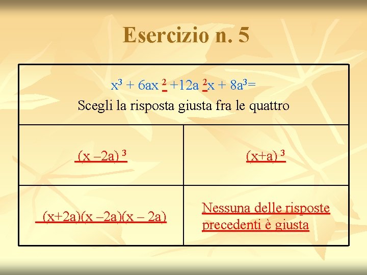 Esercizio n. 5 x 3 + 6 ax 2 +12 a 2 x + Esercizio n. 5 x 3 + 6 ax 2 +12 a 2 x +