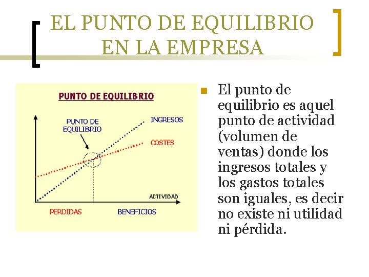 EL PUNTO DE EQUILIBRIO EN LA EMPRESA n El punto de equilibrio es aquel