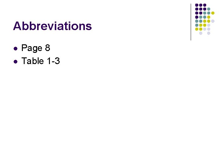 Abbreviations l l Page 8 Table 1 -3 