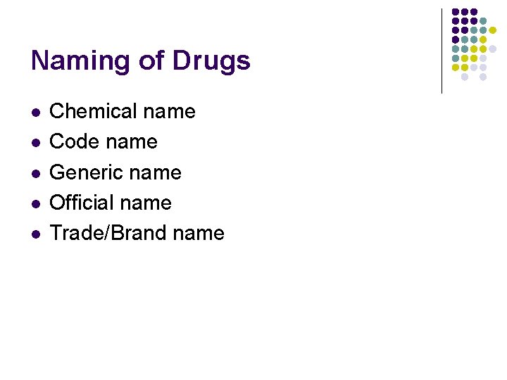 Naming of Drugs l l l Chemical name Code name Generic name Official name
