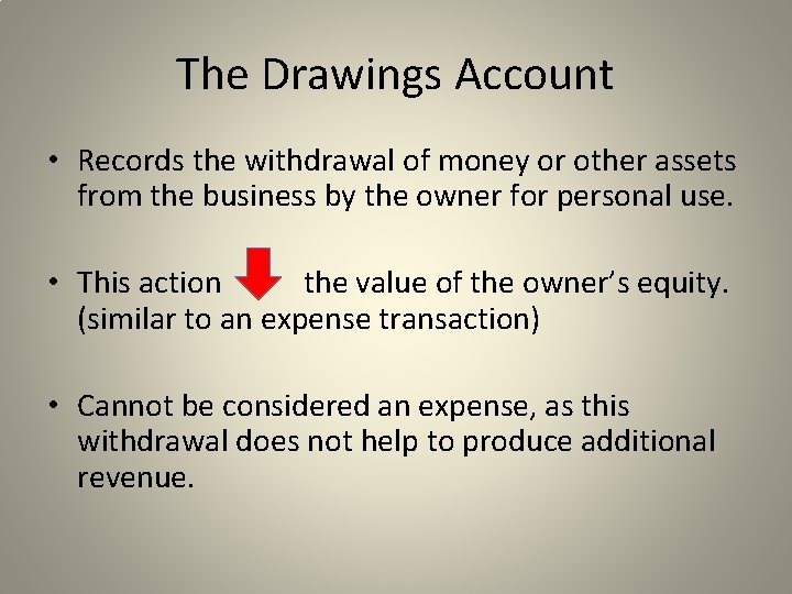 The Drawings Account • Records the withdrawal of money or other assets from the