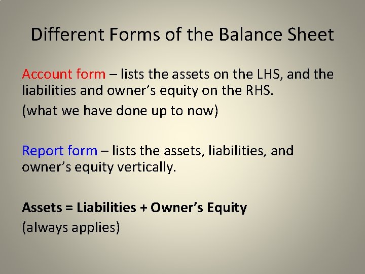 Different Forms of the Balance Sheet Account form – lists the assets on the