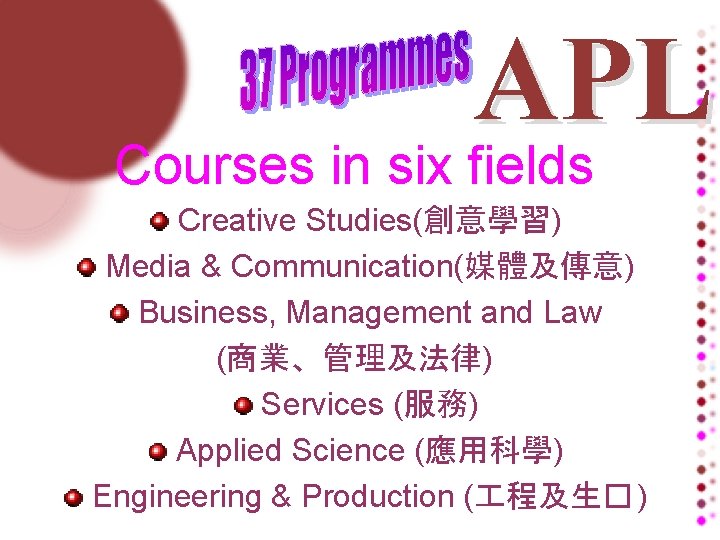 APL Courses in six fields Creative Studies(創意學習) Media & Communication(媒體及傳意) Business, Management and Law