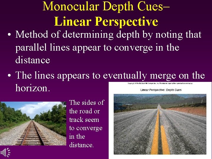 Monocular Depth Cues– Linear Perspective • Method of determining depth by noting that parallel
