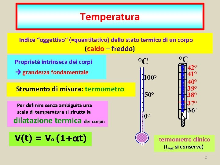 Temperatura Indice “oggettivo” (=quantitativo) dello stato termico di un corpo (caldo – freddo) Proprietà