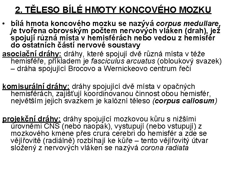 2. TĚLESO BÍLÉ HMOTY KONCOVÉHO MOZKU • bílá hmota koncového mozku se nazývá corpus