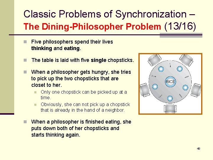 Classic Problems of Synchronization – The Dining-Philosopher Problem (13/16) n Five philosophers spend their