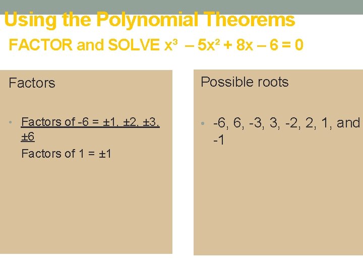 Using the Polynomial Theorems FACTOR and SOLVE x³ – 5 x² + 8 x