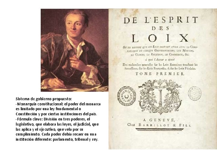 L’ESPRIT DEL LOIS. MONTESQUIEU Sistema de gobierno propuesto: -Monarquía constitucional: el poder del monarca