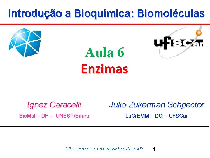 Introdução a Bioquímica: Biomoléculas Aula 6 Enzimas Ignez Caracelli Julio Zukerman Schpector Bio. Mat