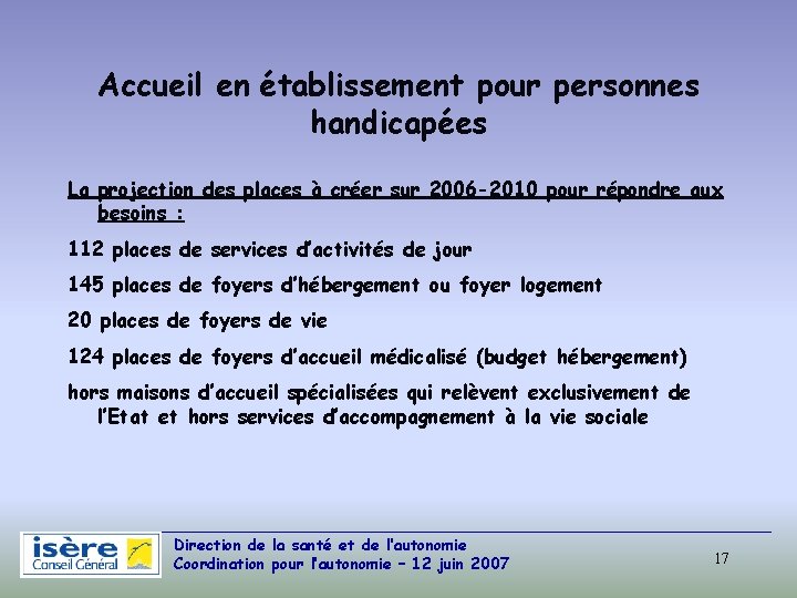 Accueil en établissement pour personnes handicapées La projection des places à créer sur 2006