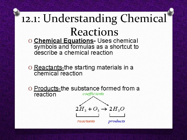 12. 1: Understanding Chemical Reactions O Chemical Equations- Uses chemical symbols and formulas as