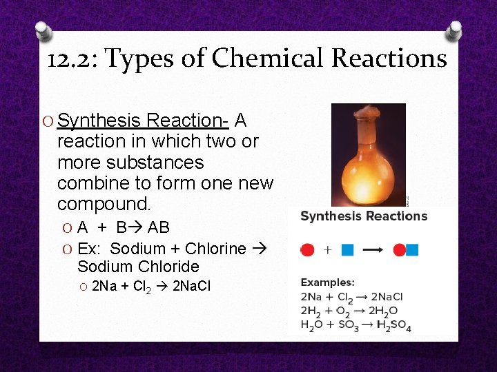  12. 2: Types of Chemical Reactions O Synthesis Reaction A reaction in which