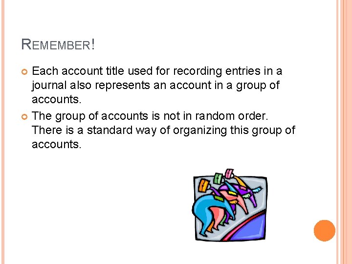 REMEMBER! Each account title used for recording entries in a journal also represents an
