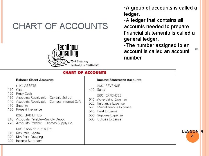CHART OF ACCOUNTS 8 • A group of accounts is called a ledger. •