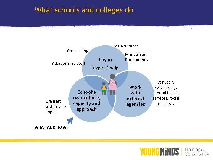 What schools and colleges do Assessments Counselling Additional support Greatest sustainable impact WHAT AND