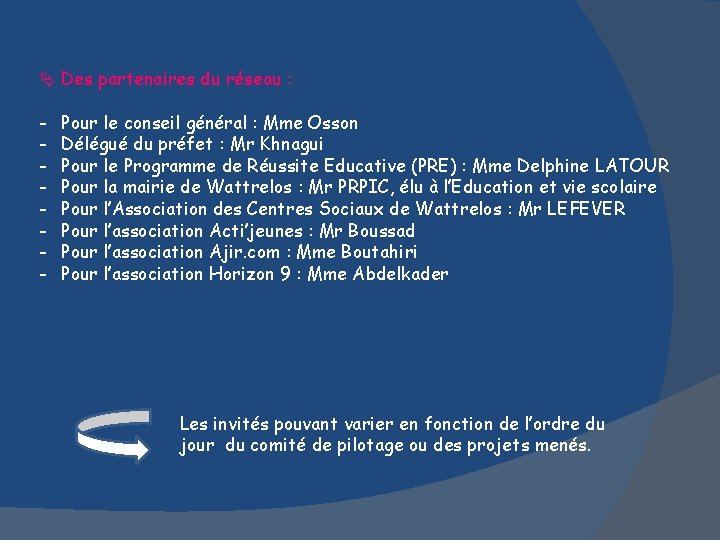  Des partenaires du réseau : - Pour le conseil général : Mme Osson