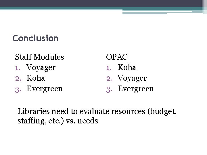 Conclusion Staff Modules 1. Voyager 2. Koha 3. Evergreen OPAC 1. Koha 2. Voyager