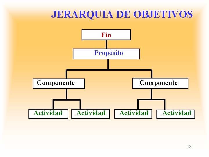 JERARQUIA DE OBJETIVOS Fin Propósito Componente Actividad 18 