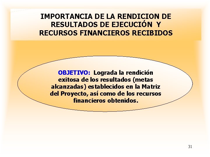 IMPORTANCIA DE LA RENDICION DE RESULTADOS DE EJECUCIÓN Y RECURSOS FINANCIEROS RECIBIDOS OBJETIVO: Lograda
