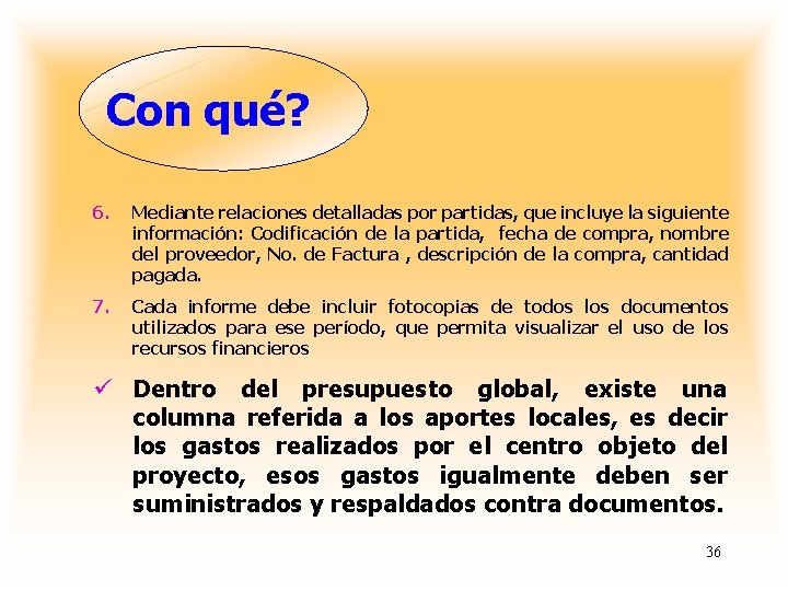 Con qué? 6. Mediante relaciones detalladas por partidas, que incluye la siguiente información: Codificación