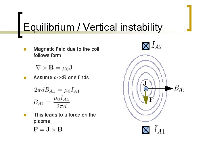 Equilibrium / Vertical instability n Magnetic field due to the coil follows form n