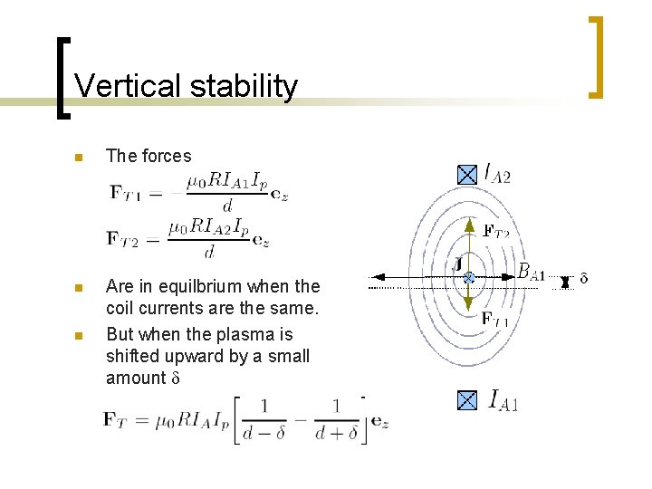 Vertical stability n The forces n Are in equilbrium when the coil currents are